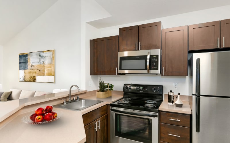 Renovated kitchen with stainless-steel appliances at Autumn Chase Apartments in Vancouver, Washington