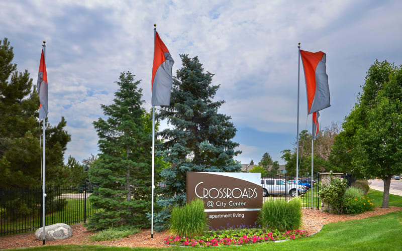 Monument Sign of Crossroads at City Center Apartments in Aurora, Colorado