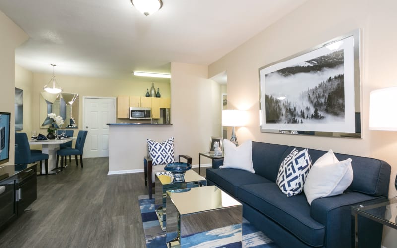 An apartment living room at Crestone Apartments in Aurora, Colorado