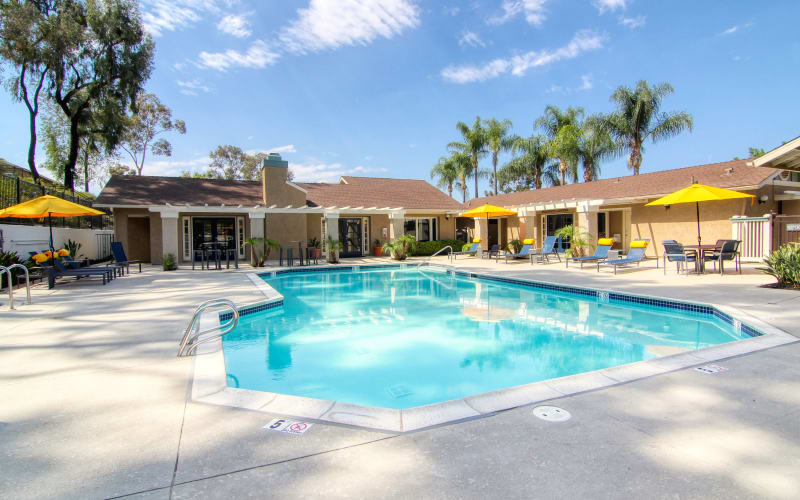 The beautiful swimming pool at sunset at Lakeview Village Apartments in Spring Valley, California