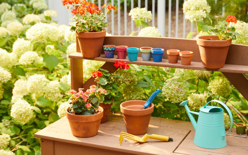 Potted flowers and garden tools on a garden planting bench at Amira Choice Roseville at Lexington in Roseville, Minnesota