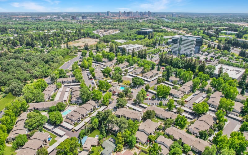 Aerial view of the property at The Woodlands Apartments in Sacramento, California