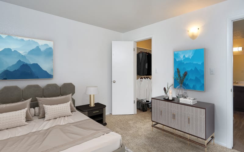 Decorated large bedroom at Callaway Apartments in Taylorsville, Utah