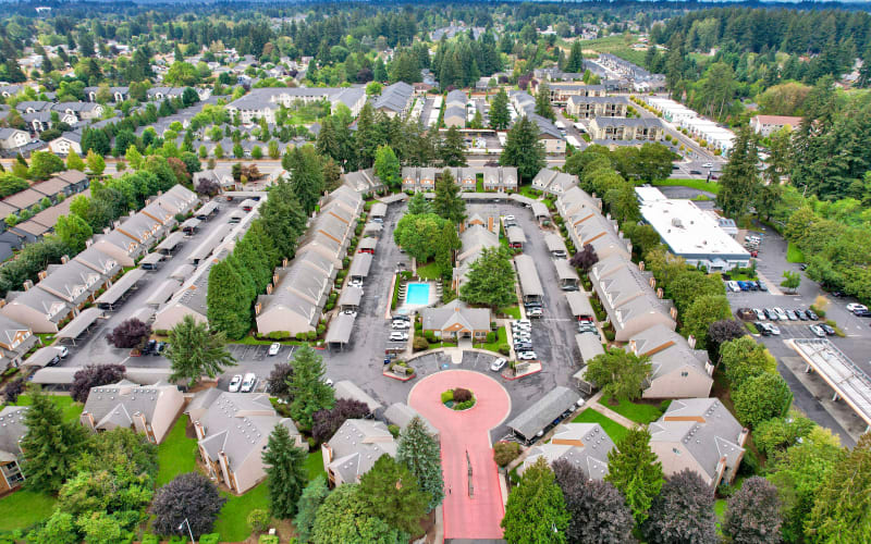 An aerial photo of the property and surrounding area at Carriage House Apartments in Vancouver, Washington
