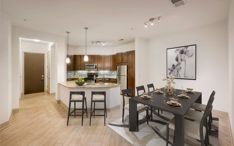 Spacious and bright dining room and kitchen at Helios in Englewood, Colorado