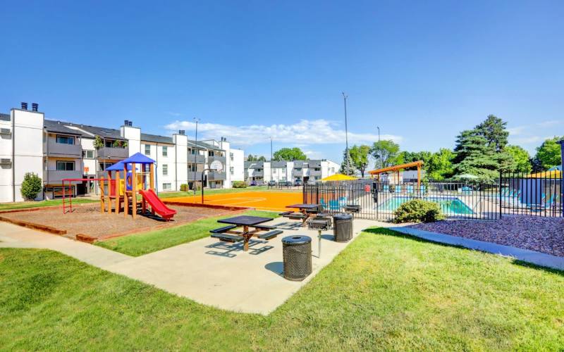 A colorful playground at Ascent at Lowry in Denver, Colorado