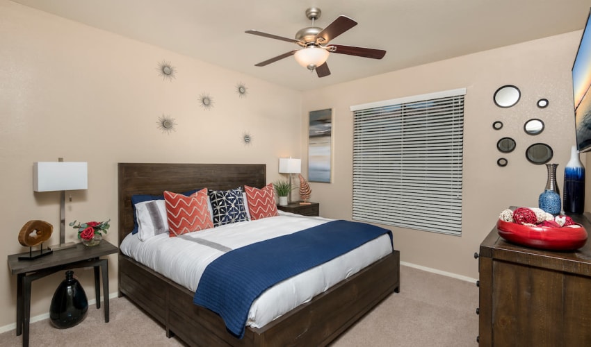 Bedroom with ceiling fan at San Antigua in McCormick Ranch in Scottsdale, Arizona