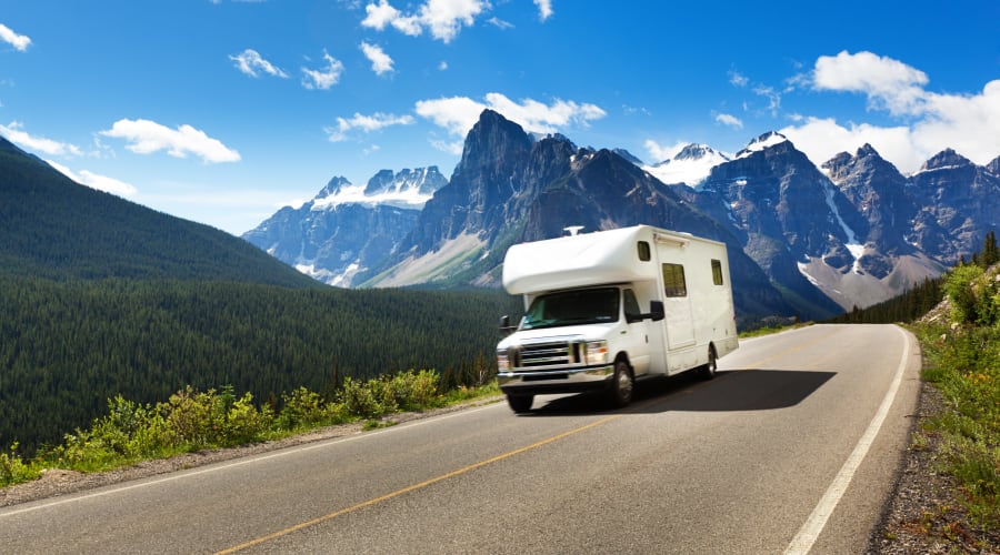 A RV driving near KO Storage of Casper in Evansville, Wyoming