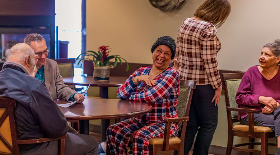 A group of residents at Cascade Park Gardens Memory Care in Tacoma, Washington