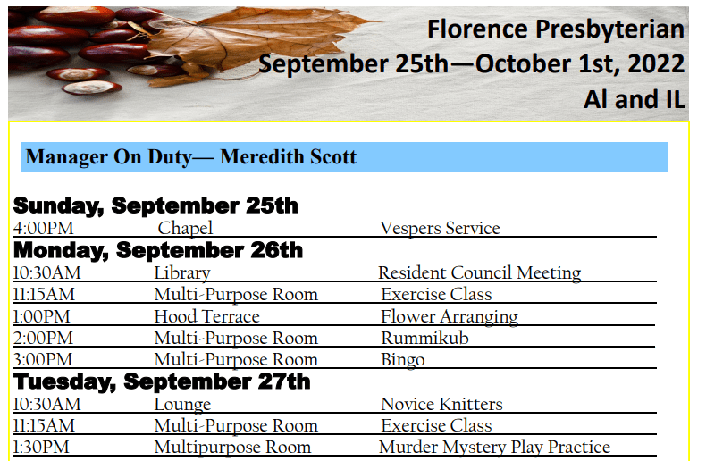 Sample activity calendar at The Florence Presbyterian Community