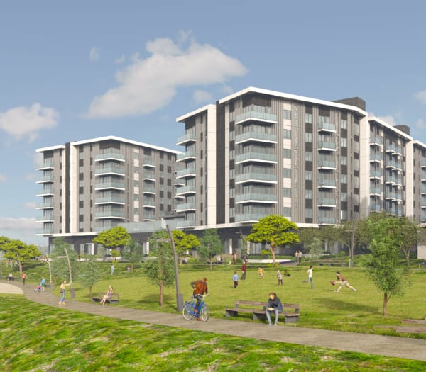 A rendering of the walking path along the waterfront at The Columbia at the Waterfront in Vancouver, Washington