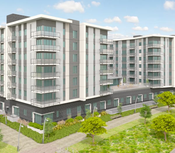 A aerial view rendering of The Columbia at the Waterfront in Vancouver, Washington