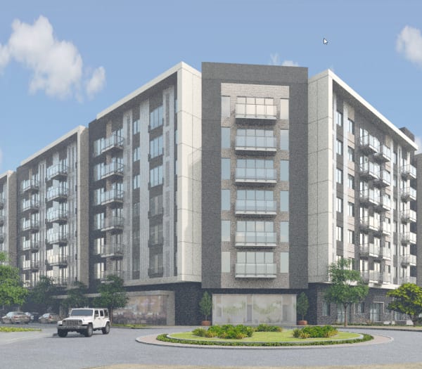 A rendering of the exterior of The Columbia at the Waterfront in Vancouver, Washington