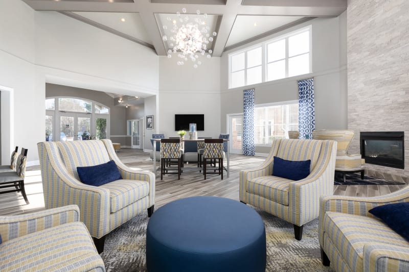 Bright and welcoming lobby interior with modern furnishings at 200 East in Durham, North Carolina