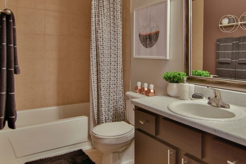 Large vanity mirror and a granite countertop in a model home's bathroom at Allegro on Bell in Antioch, Tennessee