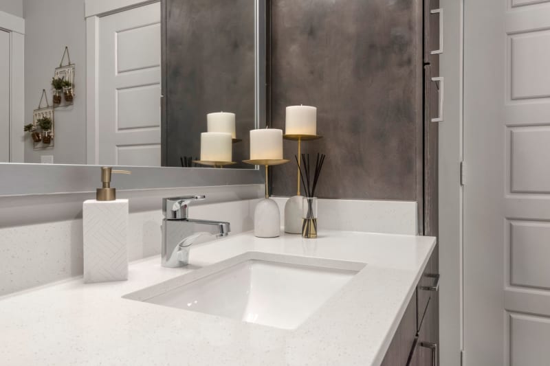 Roomy bathroom with lots of storage space under the large vanity at Domain at Founders Parc in Euless, Texas