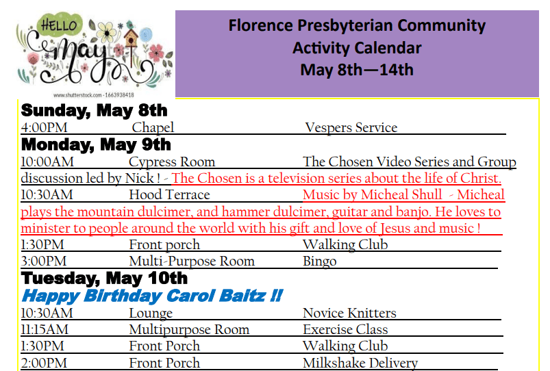 Sample activity calendar at The Florence Presbyterian Community