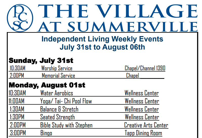 Sample activity calendar at The Village at Summerville