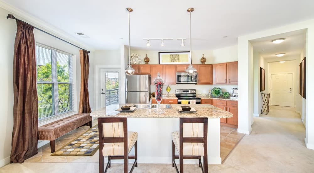 A dining area and open kitchen at Mode at Hyattsville in Hyattsville, Maryland