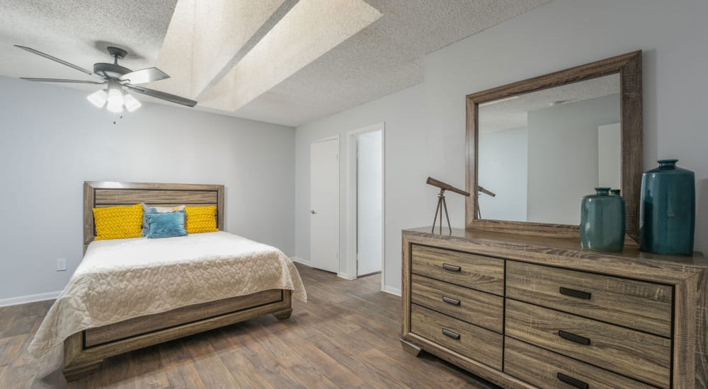 Resident bedroom with skylights at Lakebridge Townhomes in Houston, Texas