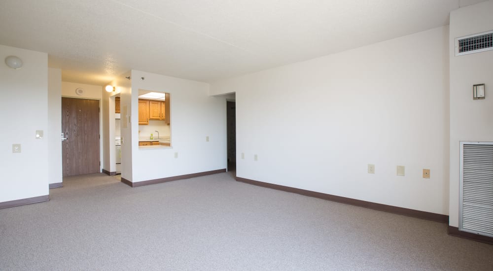 Spacious model living space at Plymouth Square Village in Detroit, Michigan