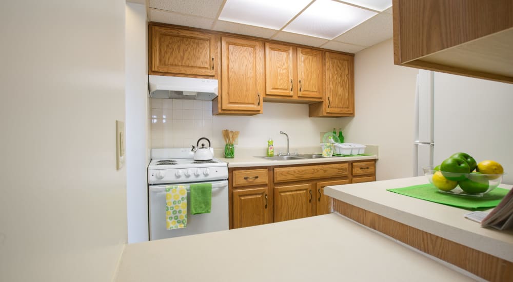 Model kitchen with light accents at Plymouth Square Village in Detroit, Michigan