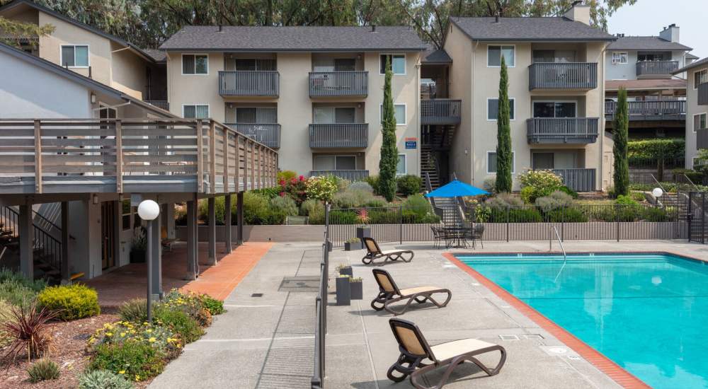 Serene swimming pool closeup at Crestview Terrace in Hayward, California