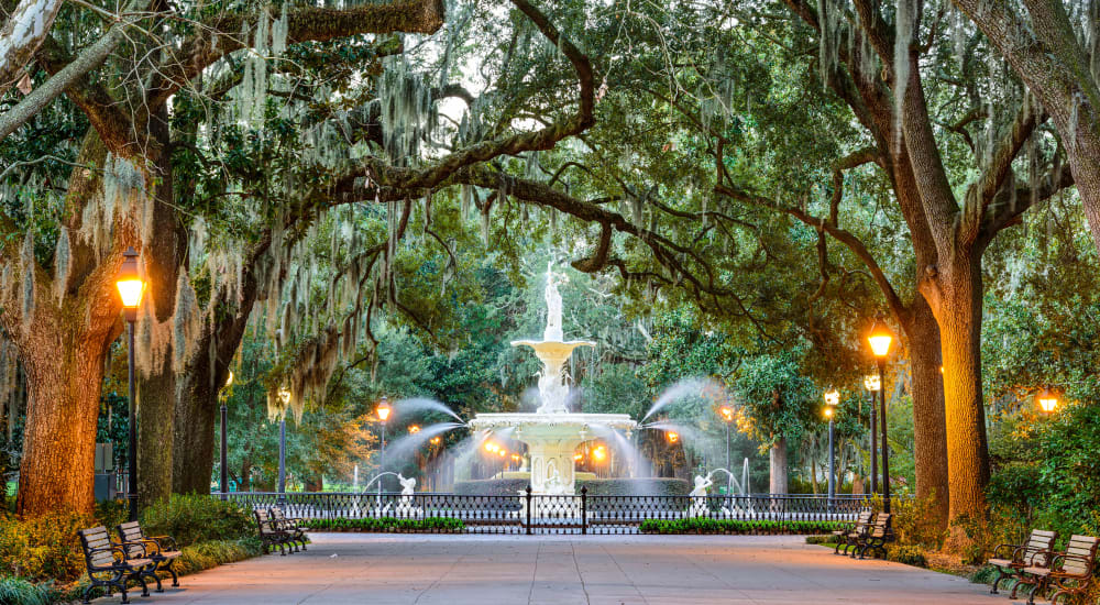 A fountain in downtown Savannah near The Line in Savannah, Georgia