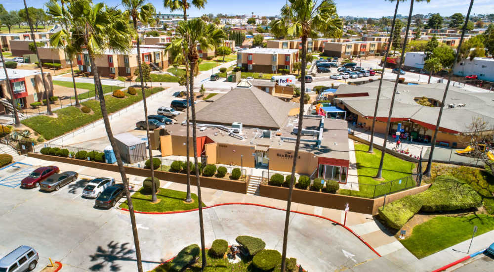 Street-level view of downtown near Sea Breeze Gardens in San Diego, California