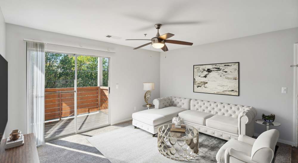 Bedroom with a ceiling fan at 18Thirty Apartments in Madison, Tennessee