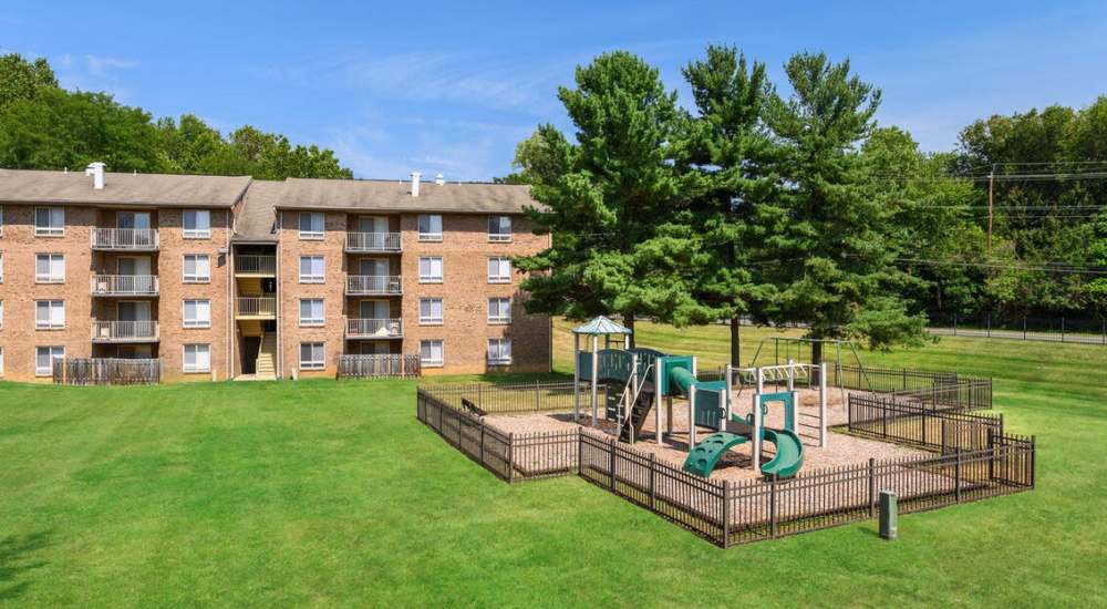 View of the playground in front of the apartment building at Windham Creek in Suitland-Silver Hill, Maryland