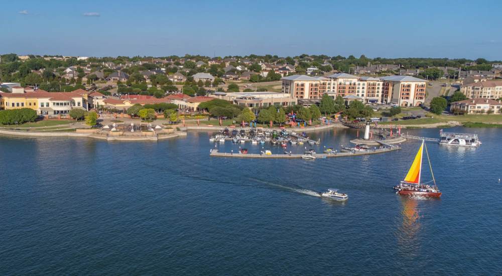 View of lake in the Harbor District at Harbor Hill in Rockwall, Texas                                