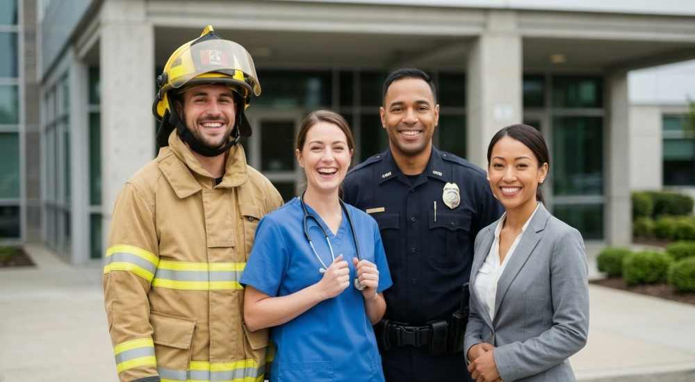 Essential workers with fireman, nurse, police officer and teacher near Opal Point at Kyle in Kyle, Texas