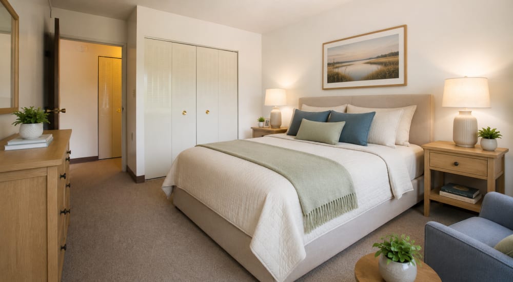 Model bedroom with a large closet at Frenchtown Place in Monroe, Michigan