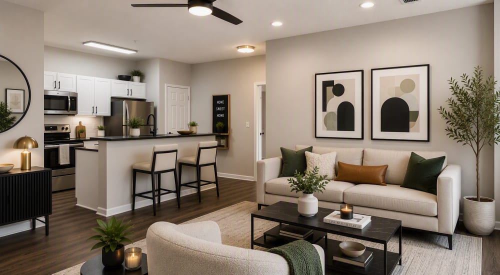 Open living room with adjoining kitchen at Jasmine Cove in Simpsonville, South Carolina