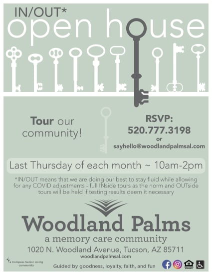 Open house flyer at Woodland Palms Memory Care in Tucson, Arizona. 