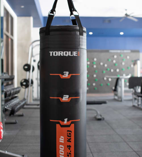 Community fitness center at Heritage Plaza in San Antonio, Texas features a Large hanging black punching bag and free weights.
