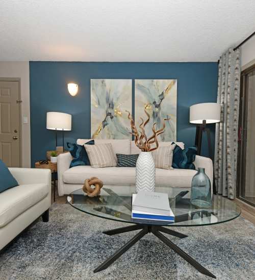 A furnished apartment living room at Ascent Apartment Homes in Asheville, North Carolina