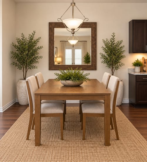 Dark wood dining table with six chairs at Chapel Creek in Mandeville, Louisiana