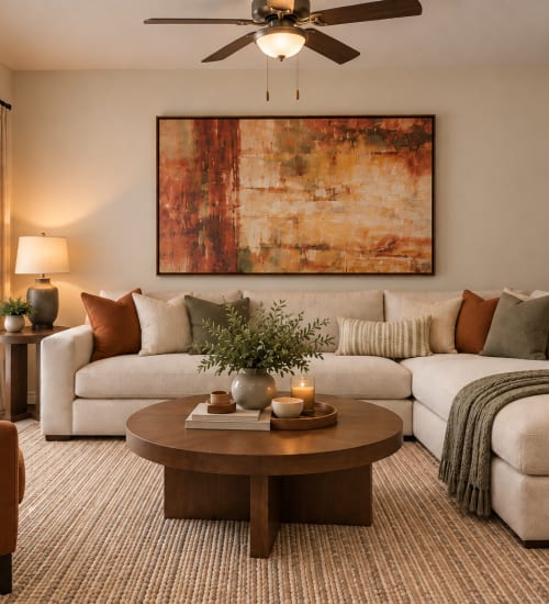 Living room with sectional sofa and artwork at Chapel Creek in Mandeville, Louisiana