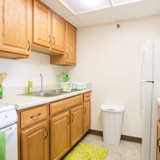 Fully equipped kitchen at Plymouth Square Village in Detroit, Michigan