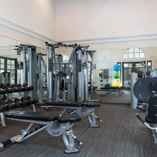 Gym with free-weights at Villa Torino in San Jose, California