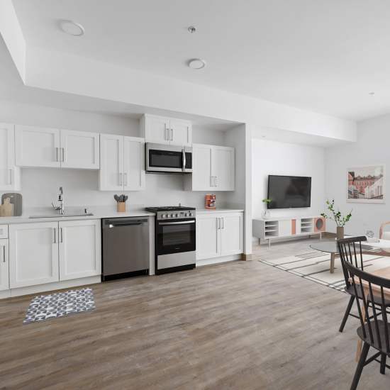 1 bedroom interior layout with appliances, cabinets, and vinyl flooring 1999 on West 3rd in Los Angeles, California