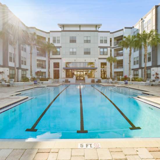 The resort-style swimming pool at EOS in Orlando, Florida