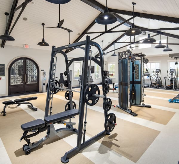 A weight lifting bench in the fitness center at The Highland in Augusta, Georgia