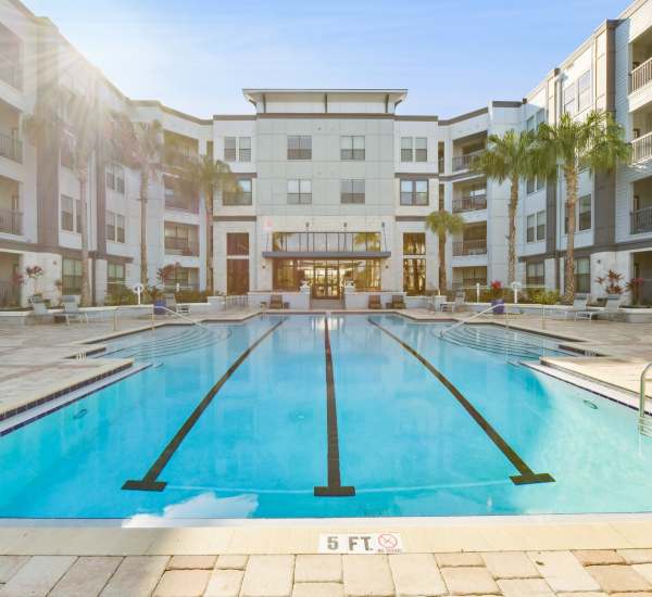The resort-style swimming pool and spa at EOS in Orlando, Florida