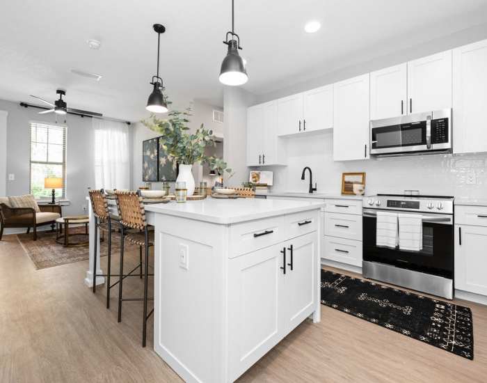 An upgraded apartment kitchen at Woodside at Seven Pines in Jacksonville, Florida