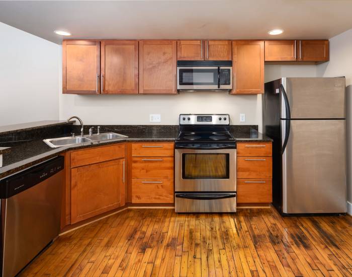 Open concept kitchen at The Cotton Mill Lofts in Roanoke, Virginia