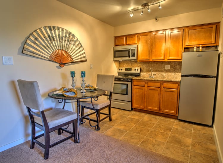 Modern kitchen with stainless-steel appliances in a model senior apartment at Bella Vista Senior Living in Mesa, Arizona