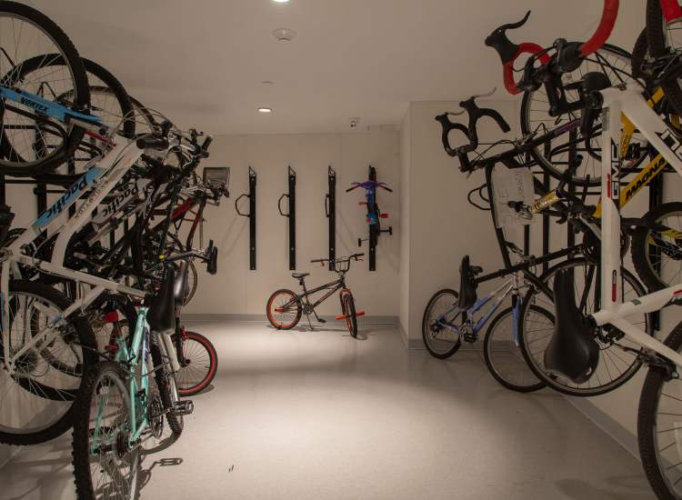 Community bi-cycle rack at 61 Heath in Jamaica Plain, Massachusetts